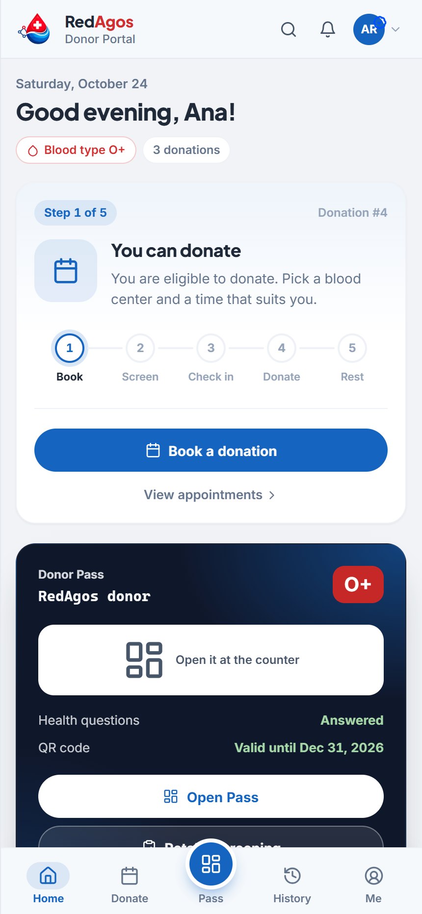 The RedAgos donor portal on a phone: a greeting with the donor's blood type, the steps to donate with a Book a donation button, and the Donor Pass